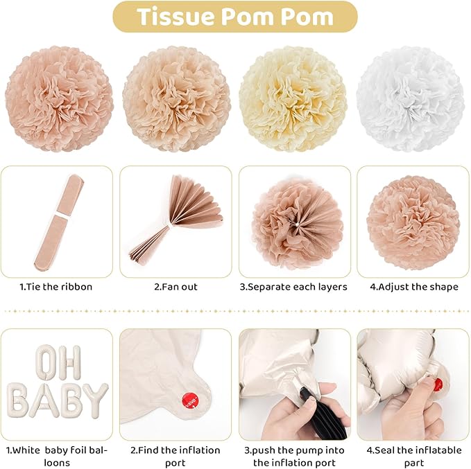 Ouddy Party Champagne Gold Boho Baby Shower Decorations for Girl with Welcome Baby Banner Dusty Pink White Nude Foil Balloons Fringe Curtain Paper Pom Poms for Baby Shower Gender Reveal Party Supplies