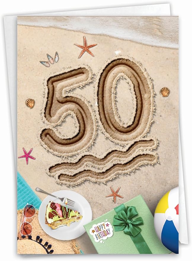 NobleWorks - 50th Funny Card for Birthday - Milestone Bday of 50 Years, Celebrate and Congrats Notecard with Envelope - Beach Party 50 C9459CMBG