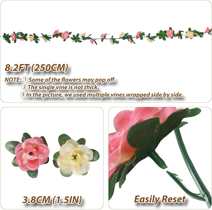 Miracliy 8Pcs 66FT Flower Garland, Orange and Champagne Artificial Rose Floral Vines Fake Hanging Spring Flower Garland for Wall Backdrop Wedding Arch Tea Party Door Mantle Decoration