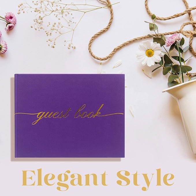 Elegant Wedding Guest Book - Perfect for Wedding Receptions, Baby Showers, Birthdays and Special Events - Polaroid Guest Book with 110 Lined Pages for Sign-in and Photos -Hardcover (Purple)