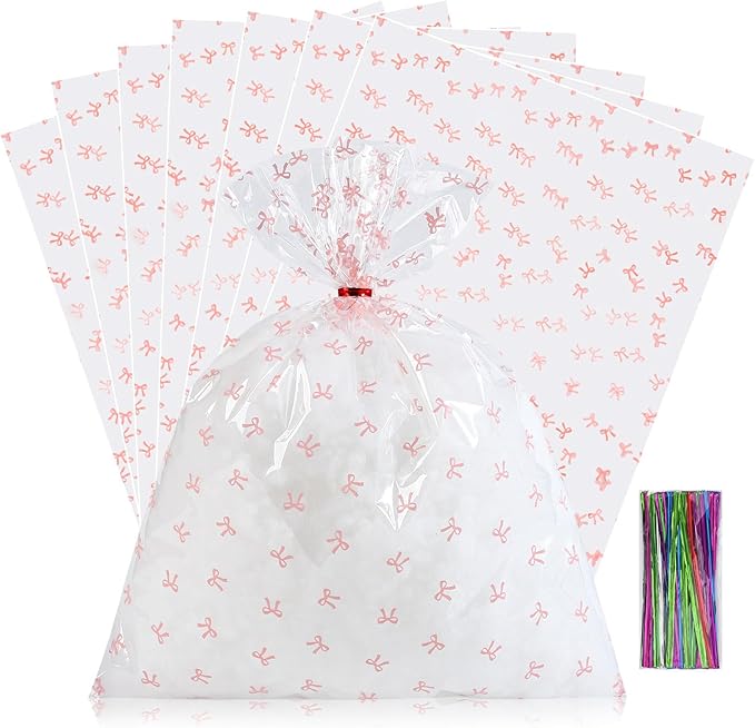 SOMIOCO Clear 50 PCS 12X16 In Cello Cellophane Treat Bags Party Favor Bags Pink Candy Cookie Bags Plastic Gift Goodie Bags with Twist Tie for Birthday,Baby shower,Wedding (Bow pattern)