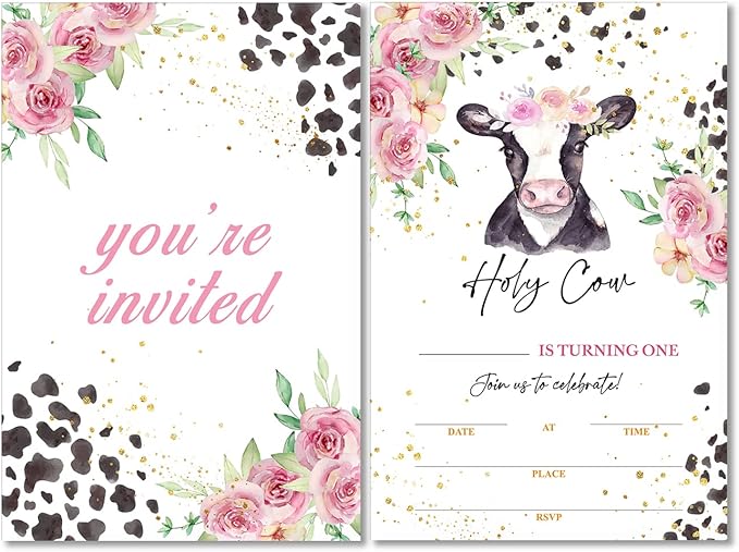 Soiceu Floral Holy Cow I'm One 1st Birthday Party Invitations with Envelopes Set of 20 Pink Farm Cow Girl 1 Year Old First Birthday Party Invites