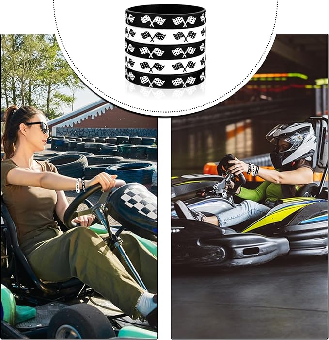 JUNEBRUSHS 42Pcs Racing Car Party Favors, Racing Flag Silicone Rubber Wristbands Bracelets for Baby Shower Birthday Party Goodie Bag Favor Campaign Supplies