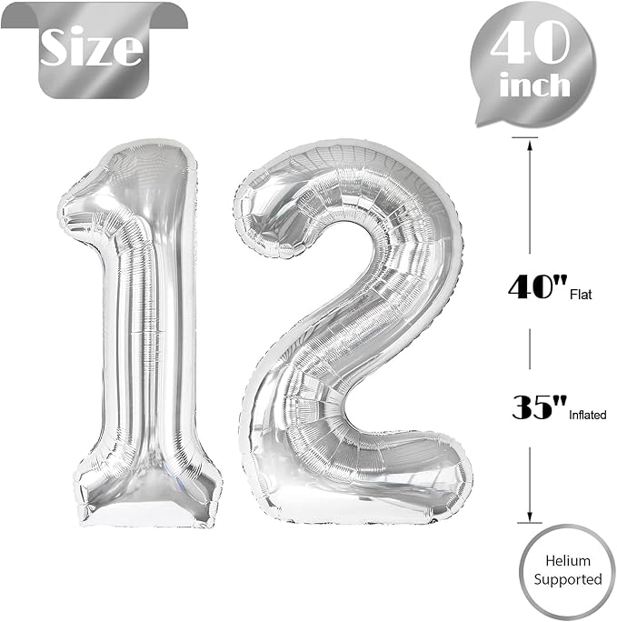 Silver Number 12 Balloon 40 Inch, 12th Birthday Party Decorations for Children, Giant 12 Foil Balloon for Party Supplies