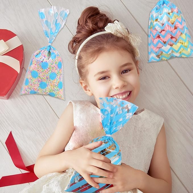 Aneco 100 Pack Blue Cellophane 10.6 x 5.1 Inch Plastic Candy Gift Goodie with Twist Ties for Valentine, Birthday, Gift Cookie Snack Packing Party Favor Supplies