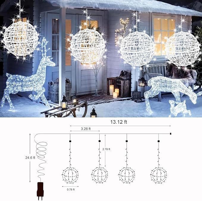 Outdoor Christmas Balls Lights Tree Lights Waterproof, 4 Pack 11.81" LED Hanging Globe Sphere Lights with 8 Lighting Modes Memory Timer Plug for Party Wedding Xmas Porch Patio Garden Yard Decorations