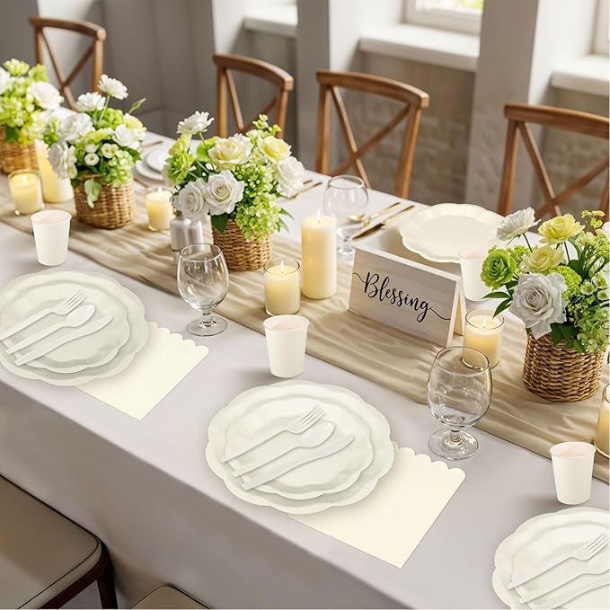 175 Pcs Ivory Plates and Napkins Set, 25 Guest Ivory Party Supplies Include Scalloped Plate Paper Napkin Cup Fork Knives Disposable Plastic Cutlery for Birthday Wedding Baby Shower Party