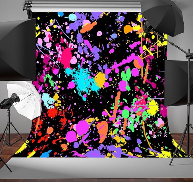 10x10Ft Neno Glow in The Dark Birthday Backdrops Colorful Graffiti Splash Paint Party Background Slime Happy Birthday Black Light Sleppover Party Decorations Birthday Banner, CEM123-10X10