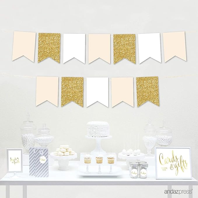 Andaz Press Hanging Pennant Banner with String, White, Ivory, Faux Gold Glitter, 1-Set, 24 Pennants, Approx. 12-Feet Long