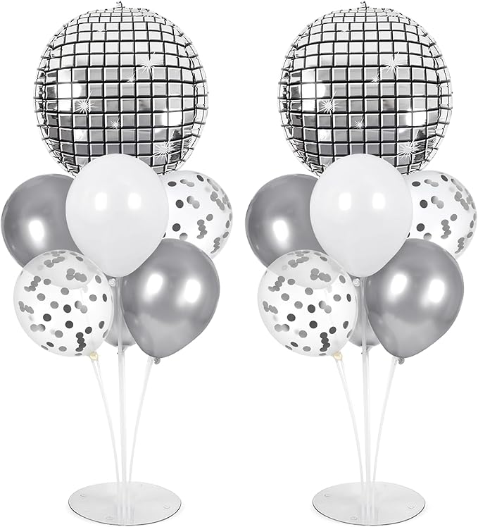 Disco Ball Party Balloons Stand Kit 2 Sets with 2 Silver 4D Discoball Foil Balloon Disco Ball Centerpiece for Tables 70s 80s 90s Dance Themed Birthday Decorations Silver White Party Supplies