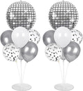 Disco Ball Party Balloons Stand Kit 2 Sets with 2 Silver 4D Discoball Foil Balloon Disco Ball Centerpiece for Tables 70s 80s 90s Dance Themed Birthday Decorations Silver White Party Supplies