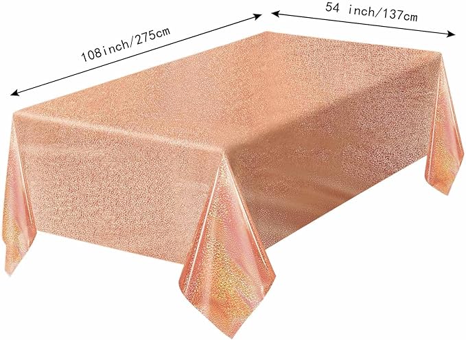 1 Pack Rose Gold Iridescent Plastic Tablecloth Disposable 54 × 108 Inch Glitter Holographic Foil Table Cloth Plastic Laser Rectangle Table Cover for Birthday Wedding Disco Party