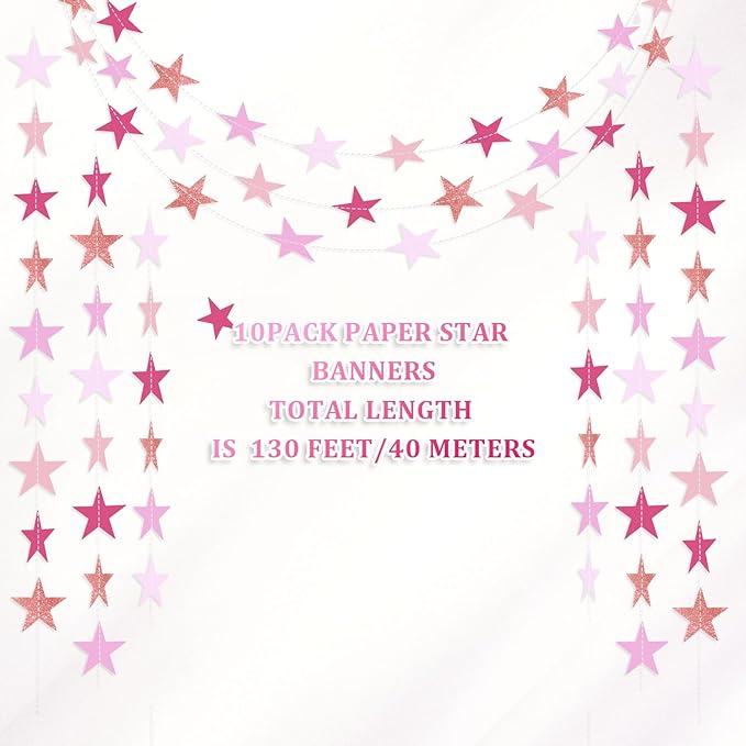 Patelai Glitter Star Garland Banner 2026 Graduation Decor 130 Feet Star Hanging Banner Twinkle Backdrop for Party Birthday Classroom Wedding Supplies(Pink,Purple)
