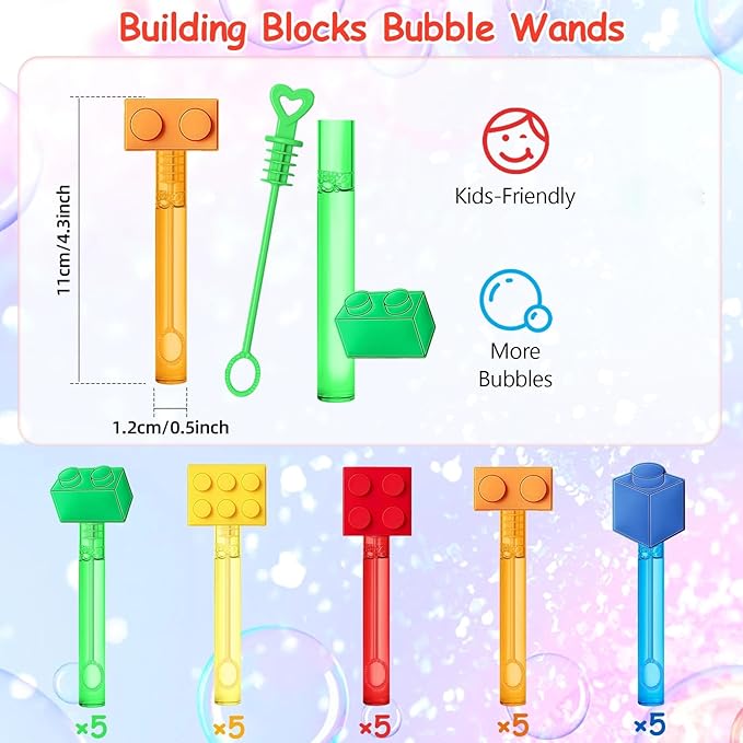 AMFZON 25Pcs Building Blocks Party Favors Bubble Wands for Kids, Brick Block Mini Bubbles Wand Toys, Building Blocks Birthday Party Supplies Goodie Gift Bag Stuffers Pinata Classroom Prizes