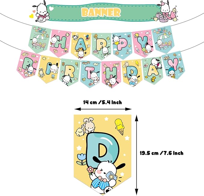 Pochacco Birthday Party Decorations, Kawaii Cartoon Party Supplies with Banner, Cupcake Cake Toppers and Foil Balloons Party Favors for Fans Birthday Background Decorations