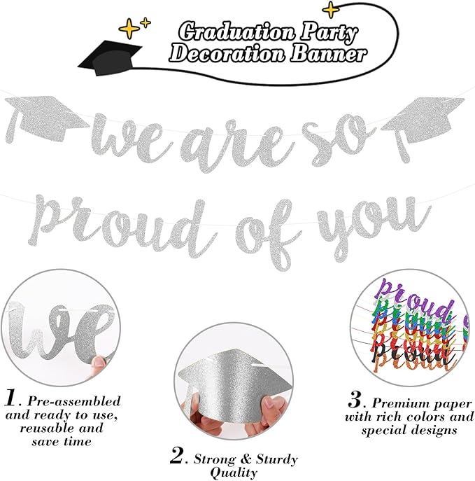 2026 Graduation Decorations Pre-Strung Blingbling We Are So Proud of You Banner Glitter Graduation Garland for Class of 2026 High School College Grad Party (Silver)