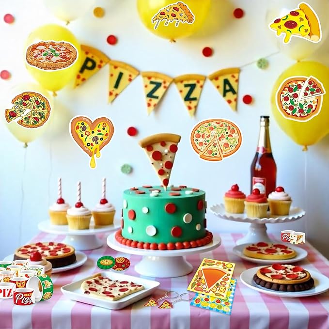 110Pcs Pizza Party Favors for Kids - Pizza Birthday Party Decorations and Supplies with Pizza DIY Stickers, Slap Bracelets, Keychains, Buttons & Tattoos, Goodie Bag Fillers for Boys & Girls