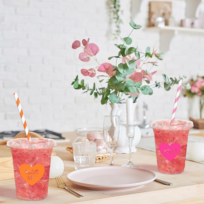 Whaline 60 Sets Valentine's Day Disposable Plastic Cups with Lids and Straws 12oz Conversation Heart Theme Party Cups Candy Heart Beverage Drinking Cup for Anniversary Wedding Birthday Dinner