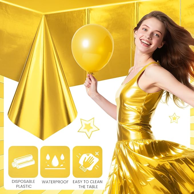 2 Pieces Bright Gold Metallic Foil Tablecloth - Stunning Matte Finish, Durable and Easy to Clean - Perfect for Bachelorette, Birthday, Wedding, and Anniversary Party Decorations