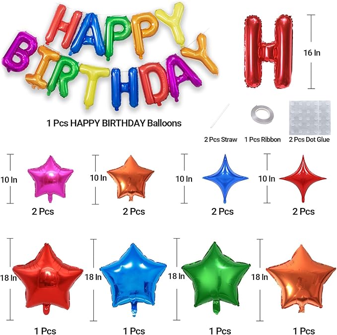 KALOR Rainbow Happy Birthday Balloons Kit with 16 Inch Mylar Foil Letters Balloon and Star Balloons for Birthday Party Decorations Photo Booth Backdrop