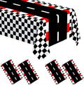 WNINK 4 PCS Racing Car Theme Tablecloths Car Disposable Plastic Tablecloths Black Checkered Flag Table Covers Racetrack Rectangular Tablecloth for Race Car Birthday Party Decorations, 54 x 108 Inch