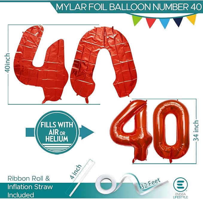 40 Inch Large Red Number Celebration and Decoration Balloon for Birthday Parties, Graduations, Anniversaries, Weddings, Photo Shoots, Special Events - Helium Foil Mylar (Red Number 40)