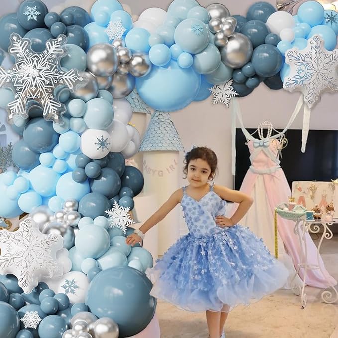 144Pcs Winter Wonderland Balloon Garland Arch Kit, Blue White Metallic Silver Latex Balloons with Snowflake Foil Balloons for Christmas Holiday Snow Princess Baby Shower Birthday Decorations