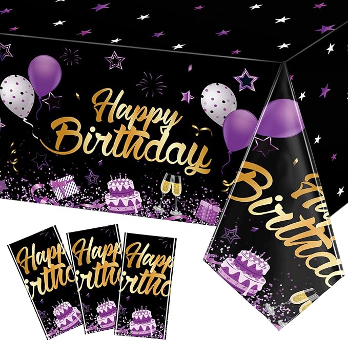 Breling Birthday Party Supplies Confetti Sprinkles Happy Birthday Tablecloths Starry Table Covers for Party Decorations, 54 x 108 Inches(Purple and Black,3 Pack)