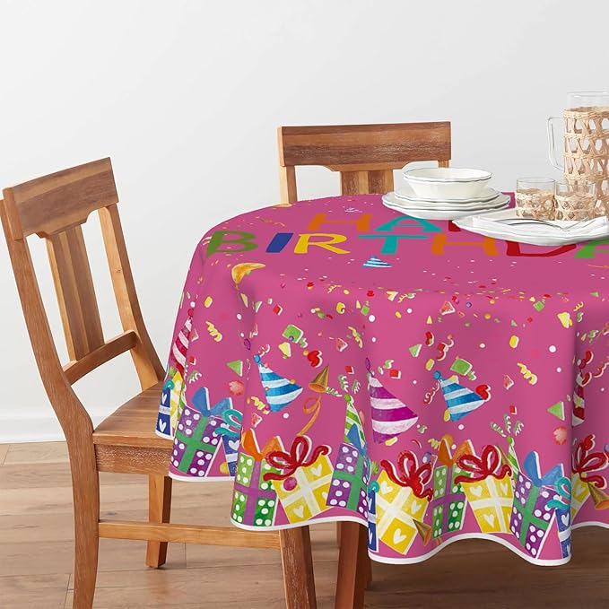 Horaldaily Birthday Tablecloth 60x60 Inch Round, Happy Birthday Ballon Pink Washable Seasonal Table Cover for Party Picnic Dinner Decor
