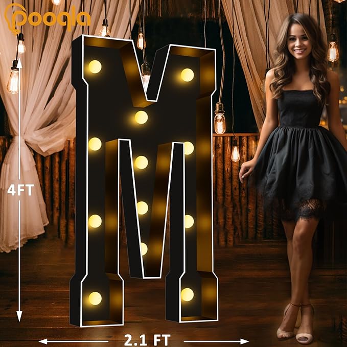 Pooqla 4 FT Marquee Light Up Letters, Black Marquee Letter Lights 4 Feet Tall, Giant Letter Sign Big Mosaic Letters for Balloons Birthday Party Anniversary Wedding Decorations, Warm White Letter M