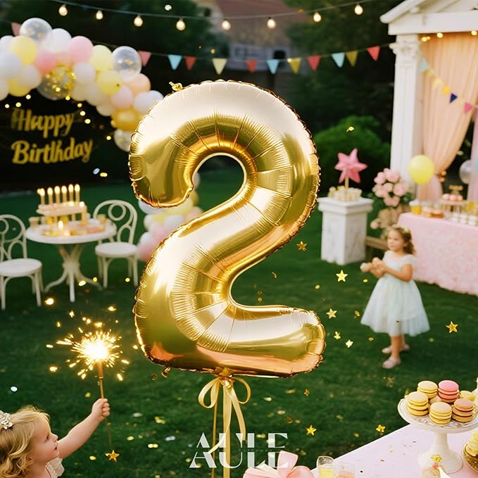 AULE 40 Inch Big Gold 2 Balloon Number Large Foil Helium Number Balloons 0-9 Jumbo Giant Happy 2nd Birthday Party Decorations for Boy or Girl Huge Mylar Anniversary Party Supplies