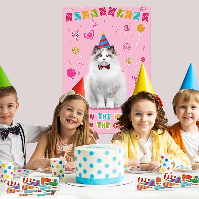 Pin The Hat On The Cat Party Game Cat Birthday Party Games for Kids, Cat Birthday Party Supplies Decorations for Girls Boys, Large Pin The Tail Poster with 54 Hat Stickers