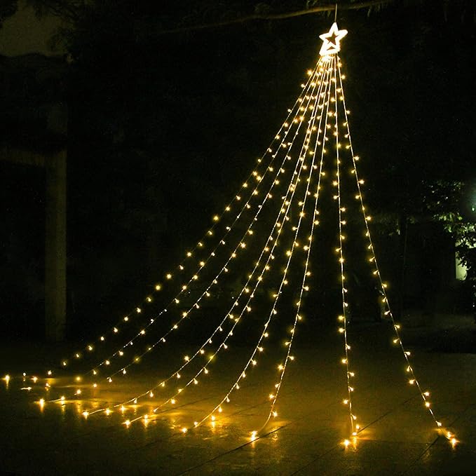 Christmas Decorations Star String Lights, 320 LEDs Outdoor Waterfall Tree Lights with 13" Topper Star, Plug in Waterproof Hanging Fairy Lights for Xmas New Year Holiday Party Yard Decor (Warm White)