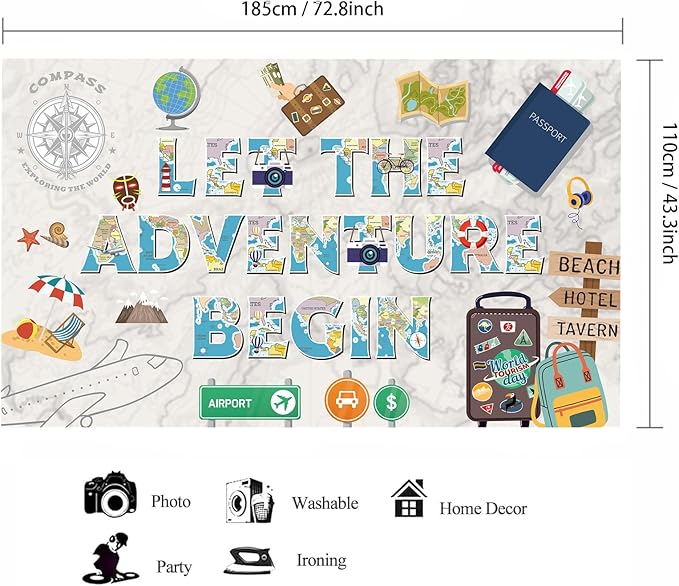 Colorful Let The Adventure Begin Backdrop Banner Photography Background for Retirement Farewell Going Away Leaving Goodbye Graduation Global Travel Theme Party Decoration Supplies 72.8*43.3in