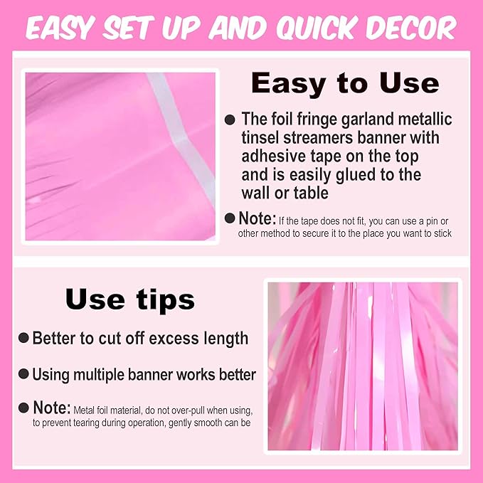3 Pack 10 Ft Macaron Pink Foil Fringe Garland Metallic Streamers Tinsel Banner Wall Hanging Garland Backdrop for Parade Floats, Halloween, Christmas, Thanksgiving, New Year Party Decorations