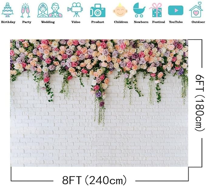8X6FT White Brick with Flowers Backdrop Occasions Mother's Day Wedding Bridal Shower Birthday Party Banner Background Supplies DH-357