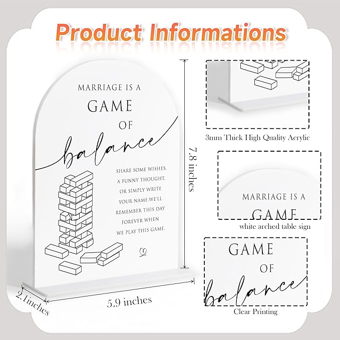 Jenga Guestbook Wedding Sign, White Arch Acrylic Sign, Guest Book Wedding Reception, Bridal Shower Decor, Engagement Party Decor, Centerpiece Table Decorations Party for Bride and Groom-8