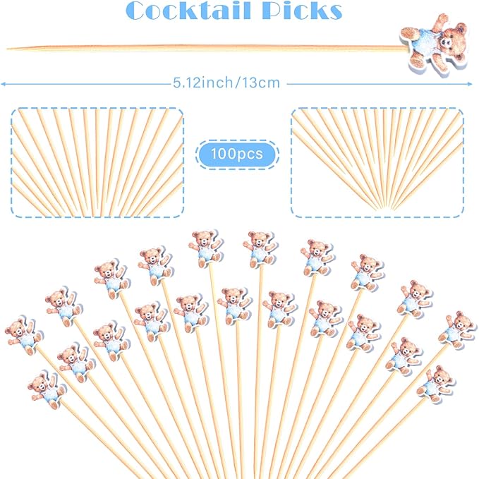 100Pcs Bear Theme Cocktail Picks We Can Bearly Wait Baby Shower Decor Long Toothpicks Fruit Sticks Skewers for Appetizer Charcuterie Food Garnish, Teddy Bear Themed Decorations Birthday Party Supplies
