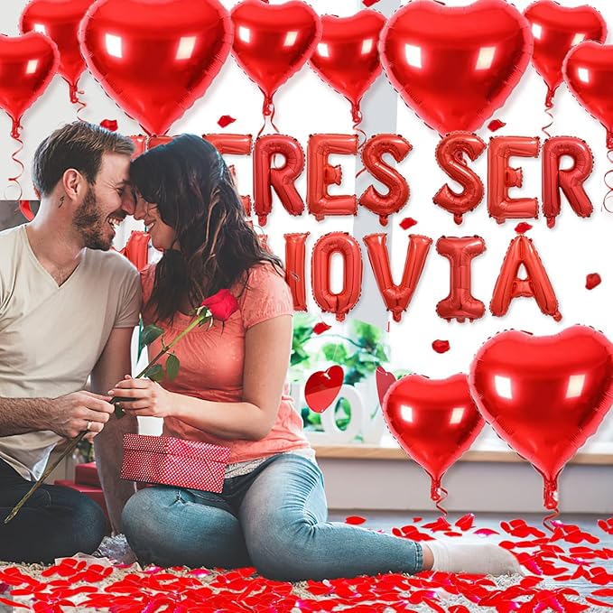 2 Set 16 Inch QUIERES SER MI NOVIA Balloons, Red Will You Be My Girlfriend Letter Balloons Spanish with 200pcs Artificial Rose Petals for Valentines Anniversary Day Banner Decorations