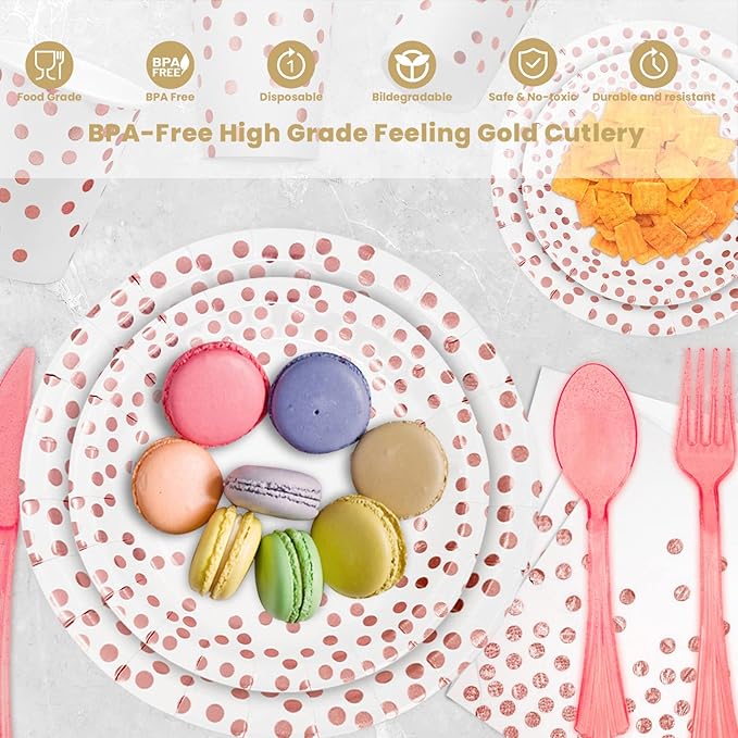 AIRE 350PCS White and Rose Gold Paper Plates Party Supplies for 50 Guests Party Decorations Dinnerware Rose Golden Dot Paper Plates Napkins Cups Gold Plastic Forks Knives Spoons for Wedding Birthday