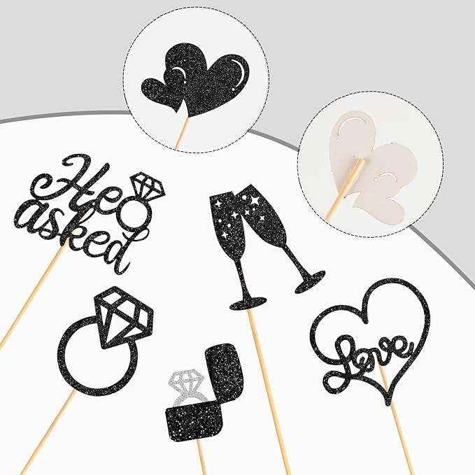 60 Pcs He Asked She Said Yes Cupcake Toppers,Engagement Cupcake Toppers Glitter Diamond Ring Heart Love I Do Cupcake Picks for Engagement Wedding Party Cake Decorations,Black