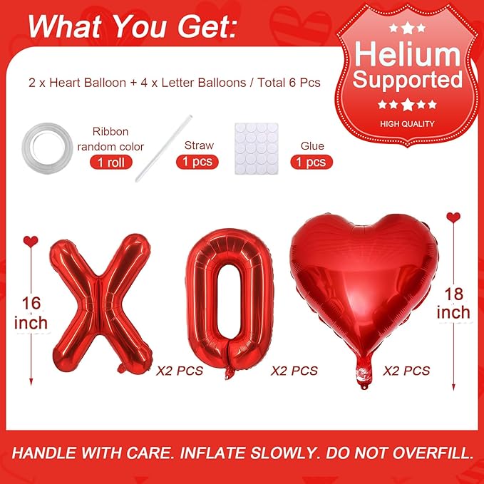 Valentines Day Balloons Decorations Red 6 Pcs 16 Inch - "XOXO" Letter + 2 Heart Balloons with Tape Straws Ribbonfor Romantic Wedding Indoor Valentines Day Decor Party Supplies