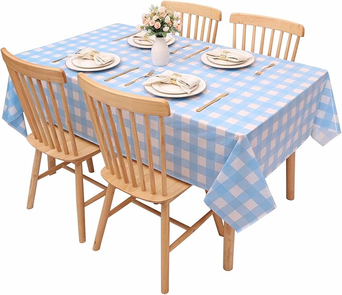 Kesfey 3 Packs Light Blue Gingham Tablecloth Pale Blue and White Checkered Tablecloths 54 x 108 Inches Disposable Plastic Gingham Tablecovers Waterproof Rectangle Picnic Table Cover for Birthday Party
