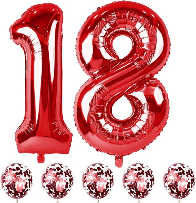 Red 18 Balloon Numbers and Confetti Balloons, 40" Number 1 and 8 Mylar Foil Balloons Self Inflating, 18th 81st Birthday Balloons Set for Boys Girls Women Men Birthday Anniversary Party Decorations