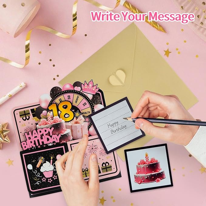 FaCraft Pop Up 18th Birthday Card - Handmade Happy Birthday Pop Up Greeting Cards Gift with Envelope and Blank Insert, Spinning Wheel Design, 18 Year Old Teens, Girls, Daughter