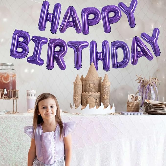 TONIFUL Purple Happy Birthday Balloons Banner 16 Inch Mylar Foil Letters Birthday Sign Banner Bunting Reusable for Girls Boys Kids & Adults Birthday Decorations and Halloween Party Supplies