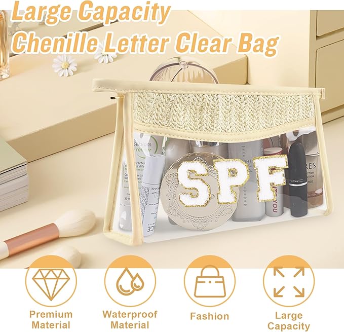 Iqimott 2Pcs Boho Patch SPF Bag Clear Letter Sun Bag, Waterproof Zipper Makeup Bag Toiletry Pouch for Women Girls, Clear Letter Patch Cosmetic Bag Transparent Organizer Pouch for Travel(SPF, Sun)