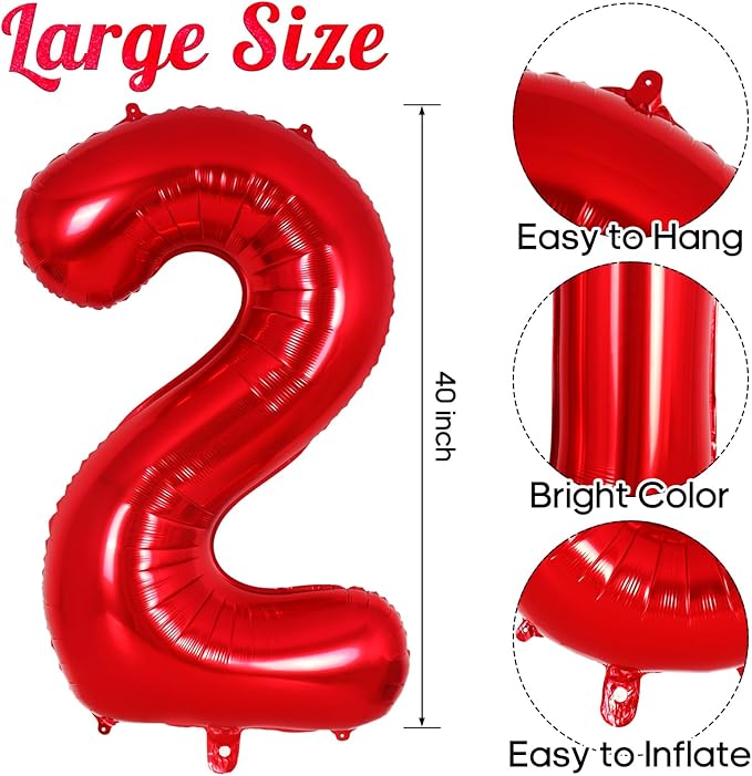 Red Number 2 Balloon 40 Inch, Big Large Foil Helium Number Balloons, Jumbo Giant Mylar Number 2 Balloons for 2 Year Old Birthday Red Party Decorations Supplies Anniversary