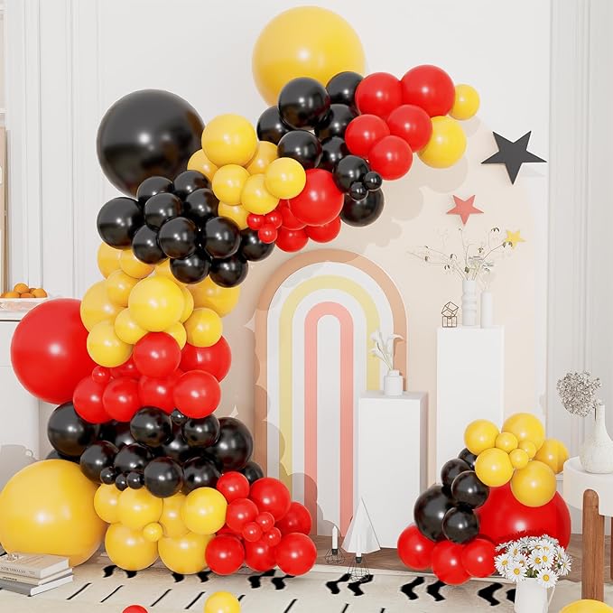 Red Yellow Black Balloons Garland Arch Kit, Mouse Party Decorations with 144pcs Different Sizes Latex Party Balloons for Baby Shower Wedding Backdrop Cartoon Game Theme Birthday Party Decorations