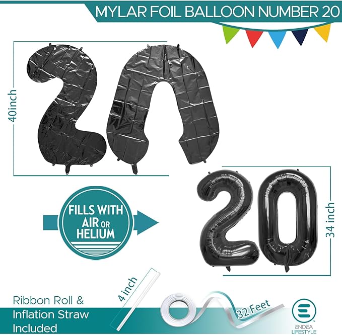 40 Inch Large Black Number Celebration and Decoration Balloon for Birthday Parties, Graduations, Anniversaries, Weddings, Photo Shoots, Special Events - Helium Foil Mylar (Black Number 20)